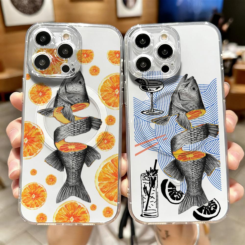 Phone Cases Orange - Custodia Magnetica Trasparente Orange Tide Fish
